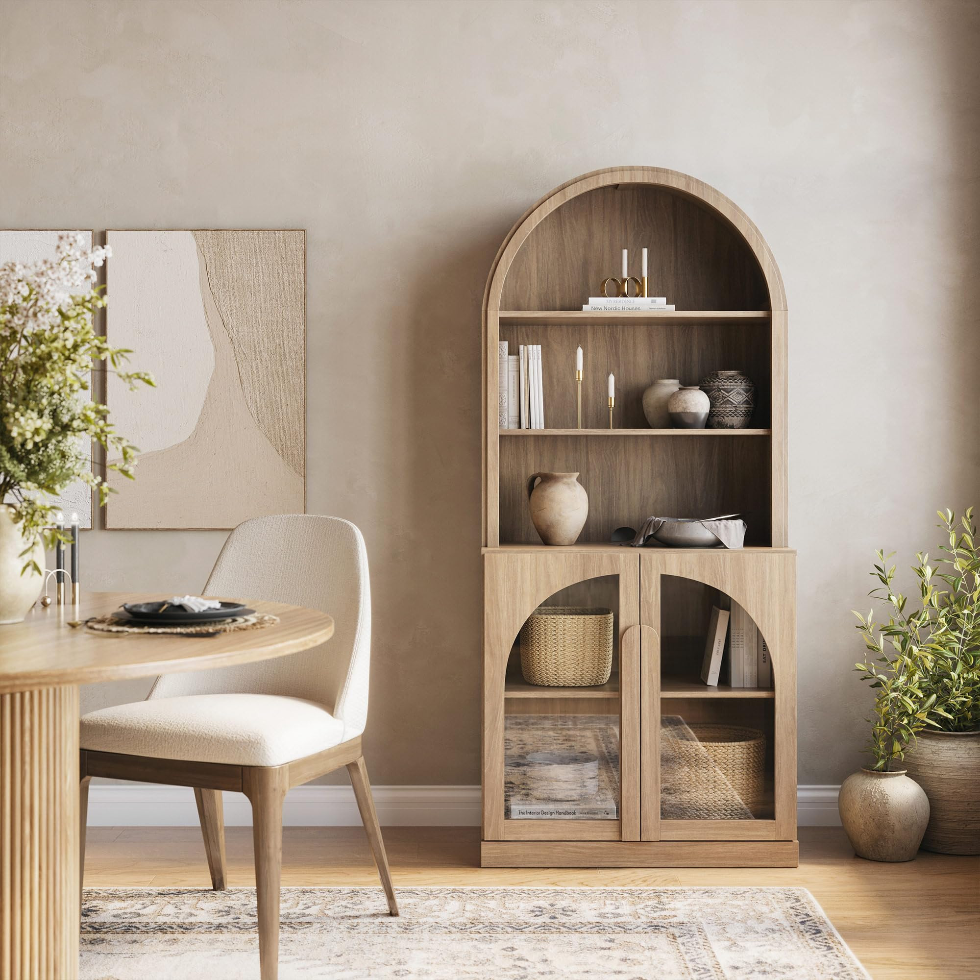 BELLEZE Arched Bookshelf with Glass Doors, 71" Tall Wood Display Cabinet with Adjustable Shelf an... | Amazon (US)