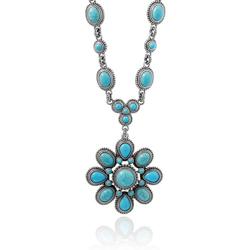 Jessica Simpson Womens Large Turquoise Stone Flower Necklace 16" - Silver-Tone Turquoise Statement Necklace | Amazon (US)