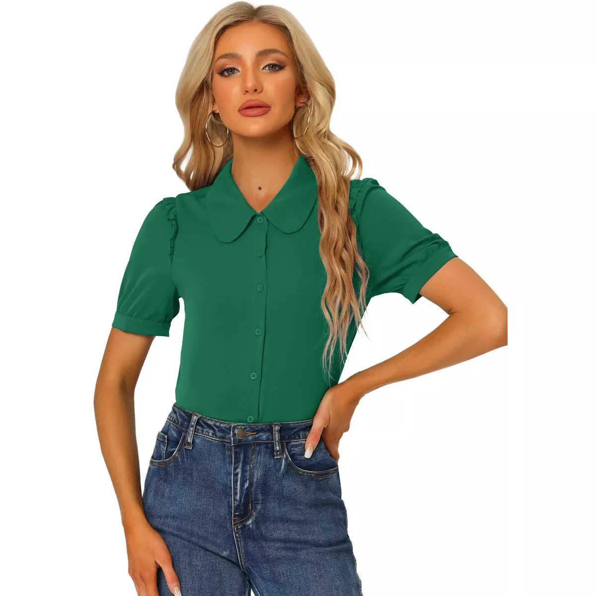 Allegra K Women's Peter Pan Collar Short Sleeve Button Front Work Shirt | Target