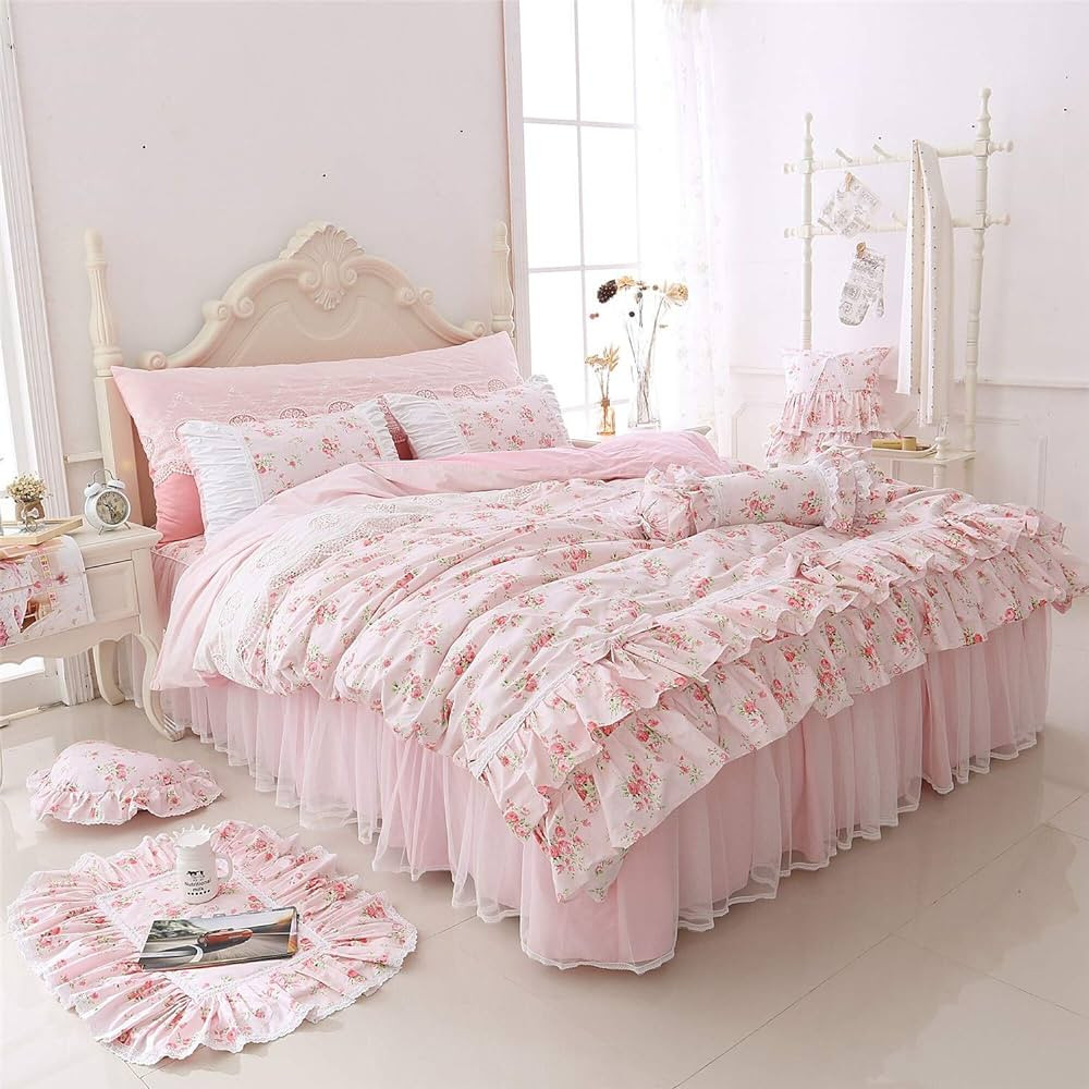 LELVA Romantic Roses Print Duvet Cover Set with Bed Skirt Pink Lace Ruffle Floral Shabby Chic Bed... | Amazon (US)