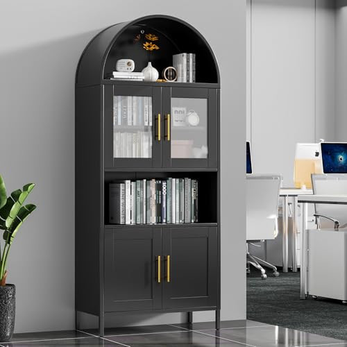 GangMei Metal Arched Cabinet with Glass Doors, Tall Arch Display Bookshelf, Kitchen Pantry Cabinet for Home Office Bar Living Room Farmhouse(Black) | Amazon (US)