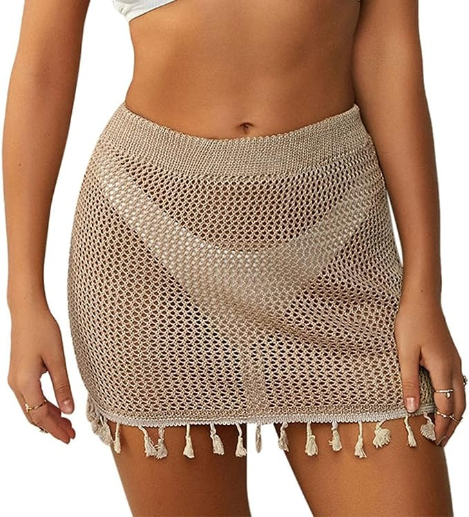 ZAFUL Women's Swimsuit Cover Up Crochet Sheer Short Beach Skirt with Tassels | Amazon (US)