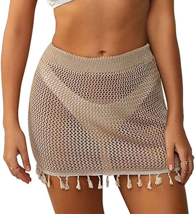 ZAFUL Women's Swimsuit Cover Up Crochet Sheer Short Beach Skirt with Tassels | Amazon (US)
