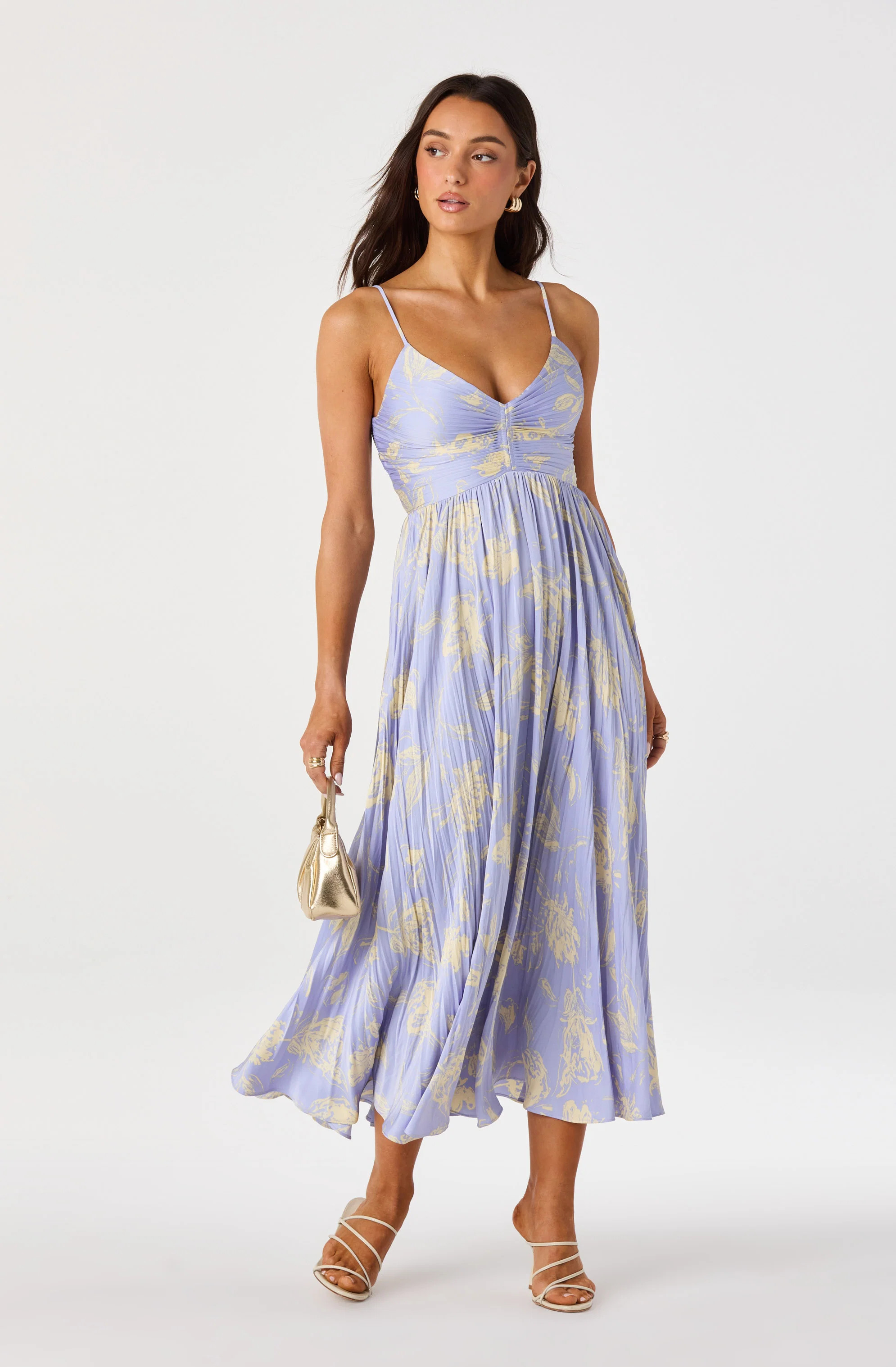 Maeve Pleated Satin Midi Dress - Periwinkle floral / S | ASTR The Label (US)
