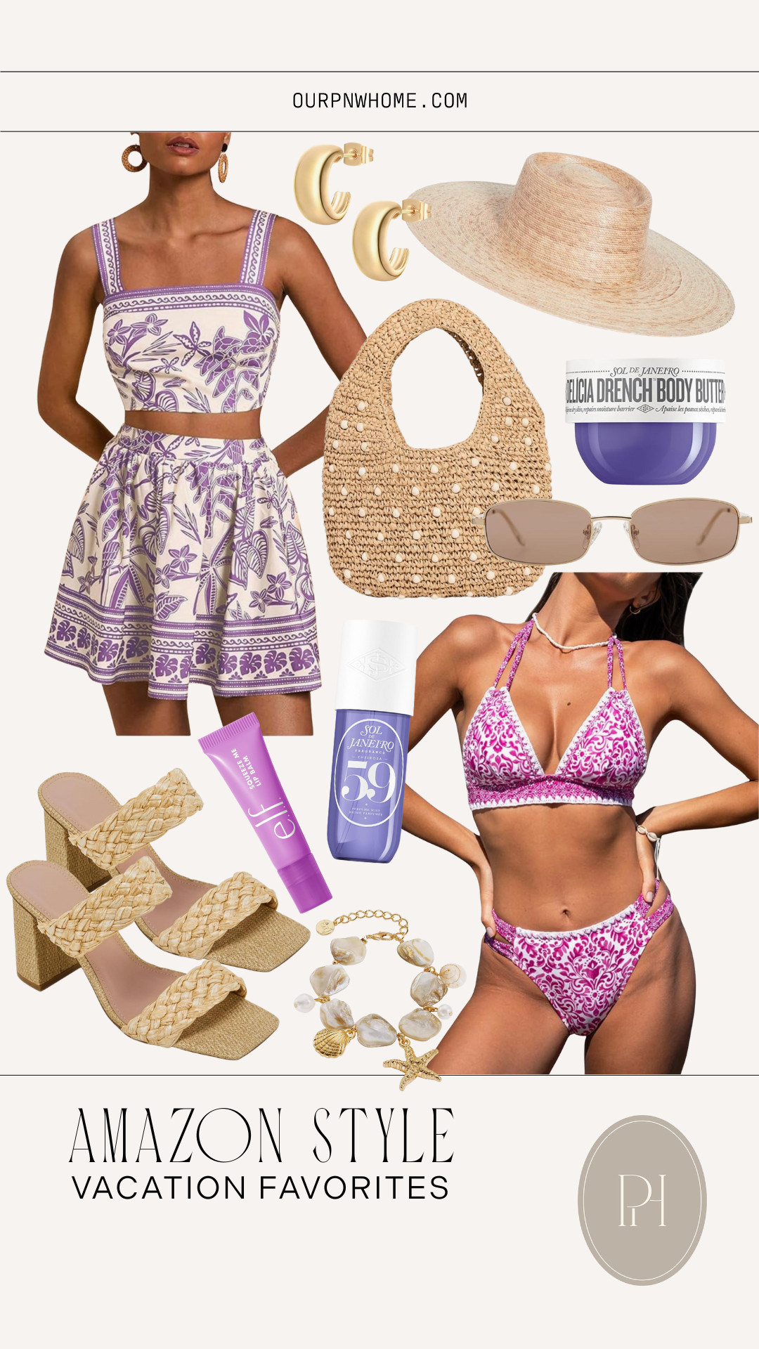 Loving these Amazon finds for a spring break look!

Vacation look, vacation outfit, spring break outfit, beach day look, poolside look, straw hat, gold earrings, small hoop earrings, seashell bracelet, charm bracelet, raffia sandals, block heel sandals, high heeled sandals, purple bikini, swimsuit, swimwear, bathing suit, two piece dress, matching set, raffia handbag, oval sunglasses, body spray, body butter, women's fragrance, sun hat, lip balm 

 #LTKootd #LTKSeasonal #LTKTravel