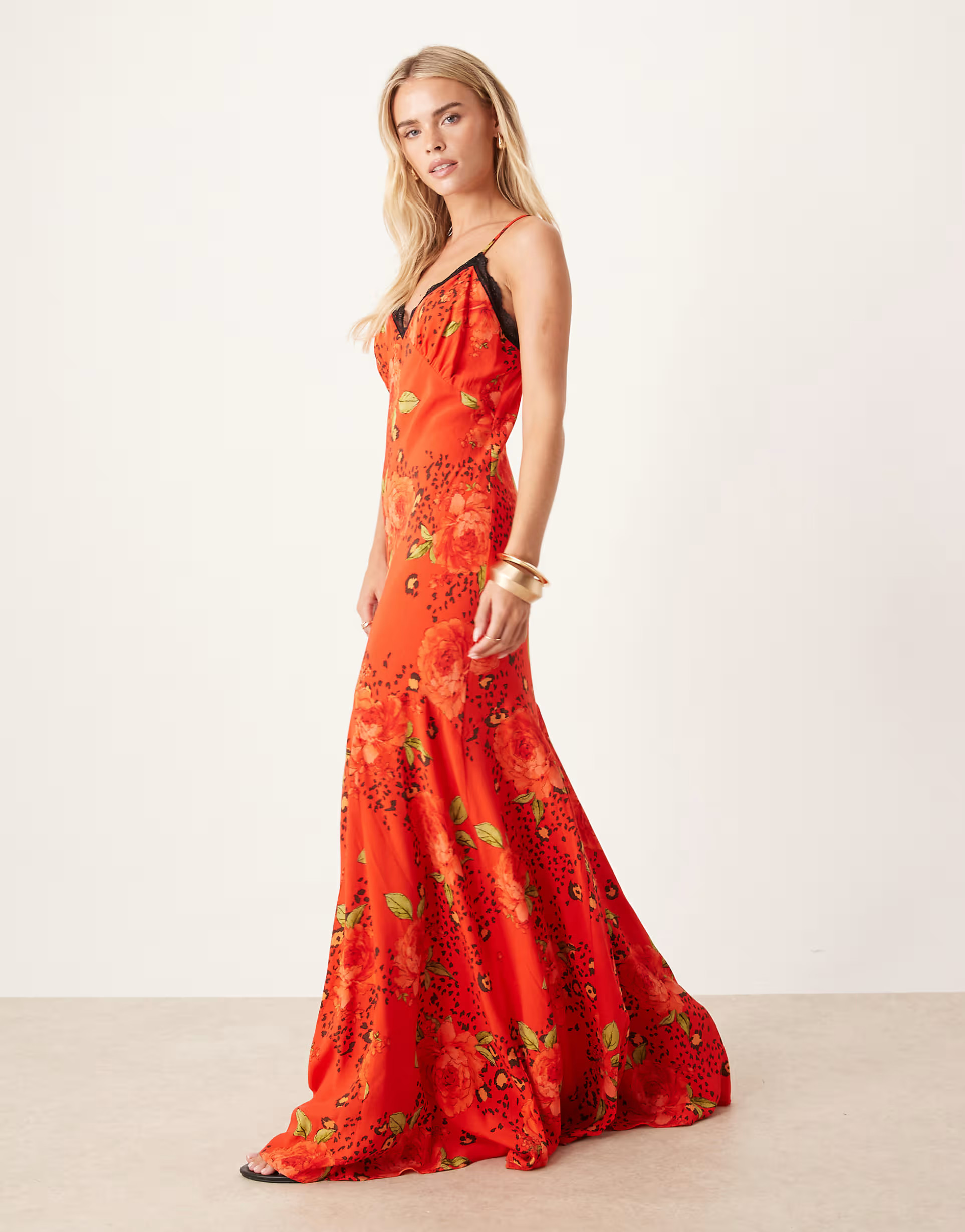 Never Fully Dressed Petite lace trim slip maxi dress in red rose print | ASOS (Global)