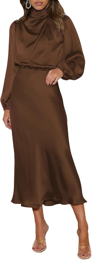 Pink Queen Women's Elegant Long Sleeve Satin Dress Mock Neck Elastic Waist Cocktail Party Wedding... | Amazon (US)