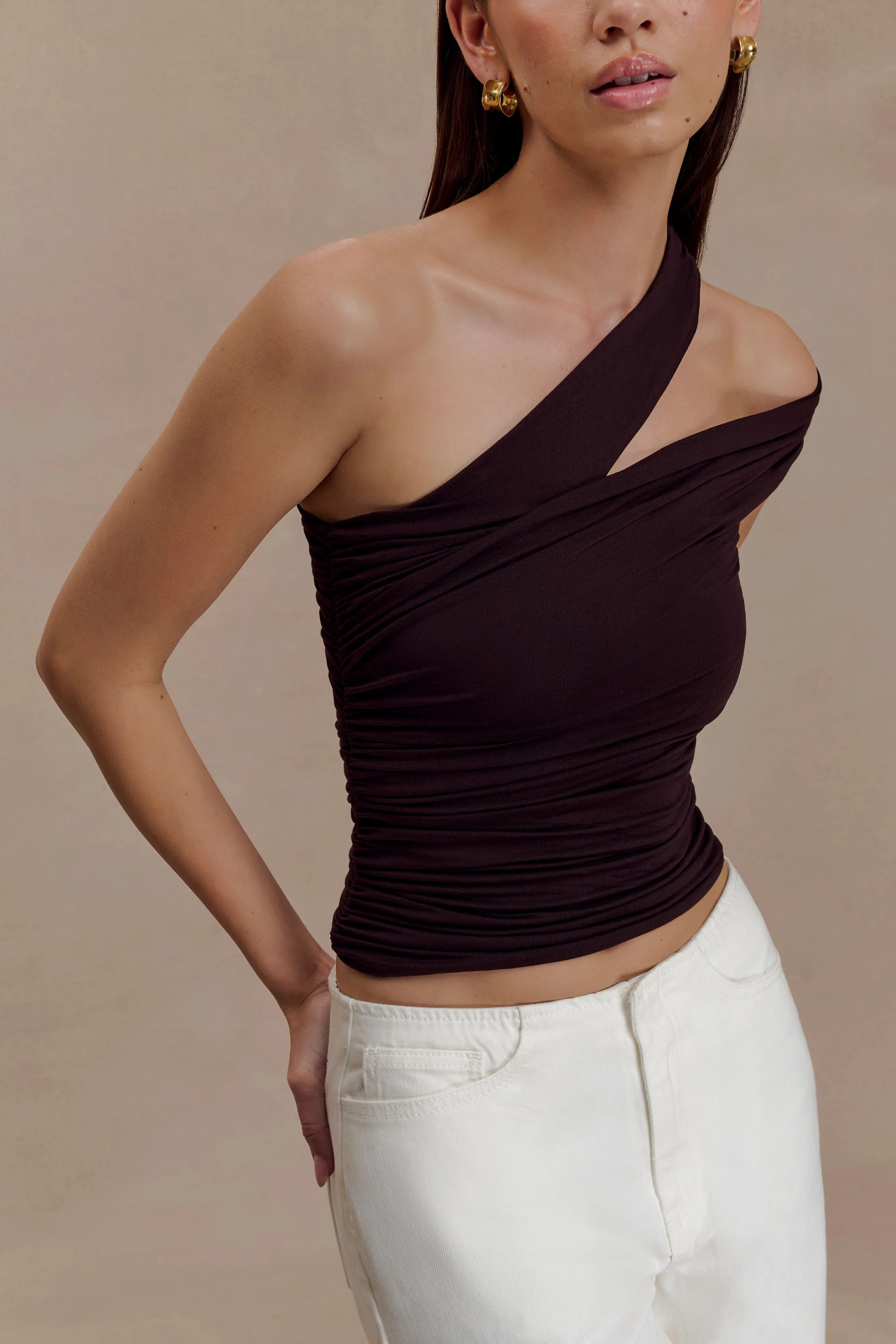 Anna One Shoulder Modal Top - Cacao Brown | MESHKI US