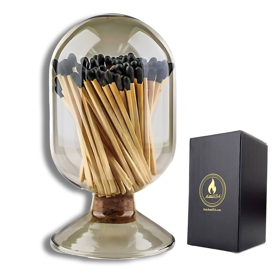 INCLUDES MATCHES ! | Smoke Gray Glass Matches Cloche | Grey Tinted Decorative Match Holder Jar fo... | Amazon (US)