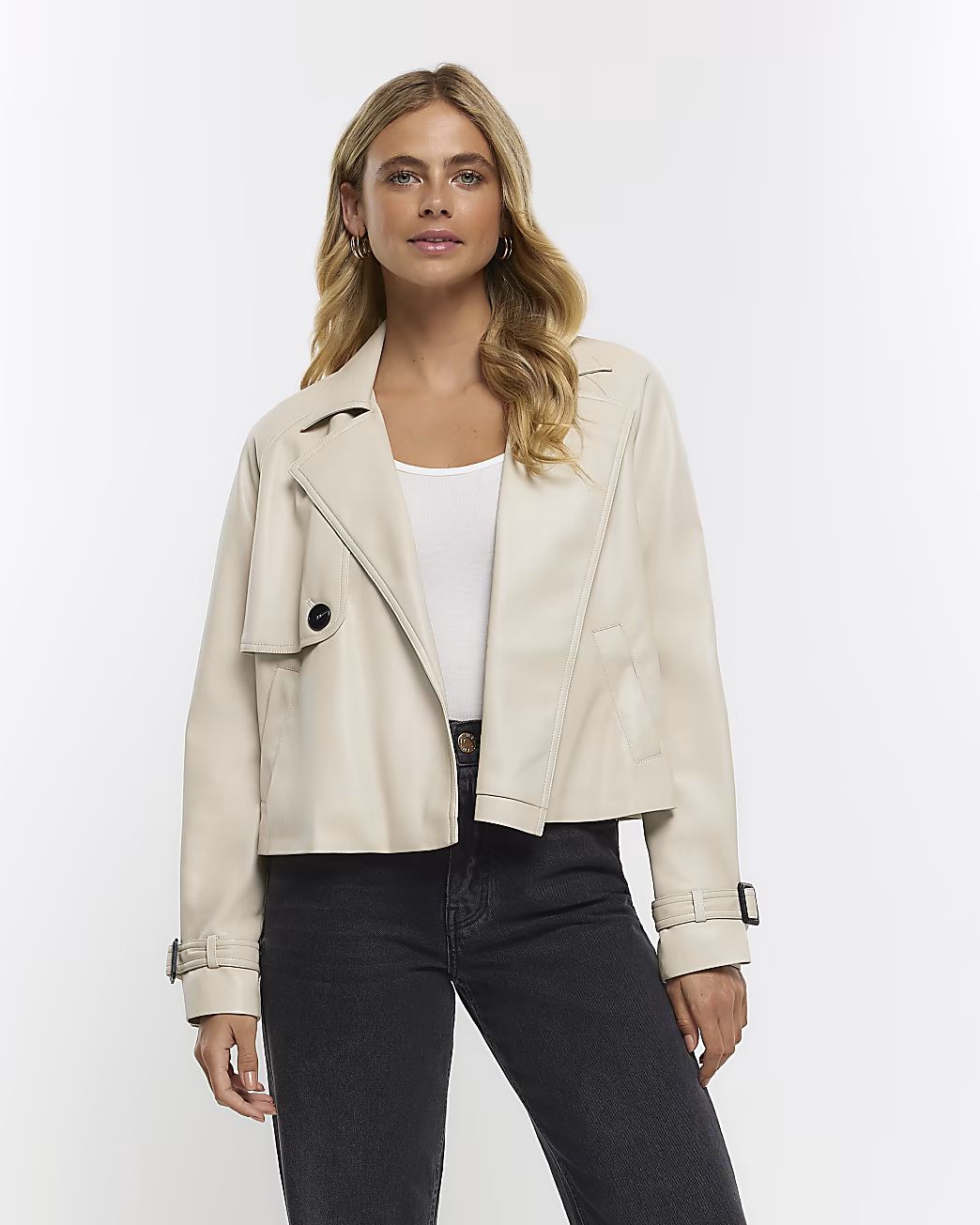Cream faux leather crop trench coat | River Island (UK & IE)