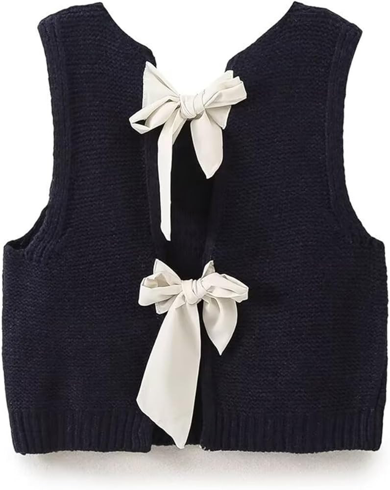 Women Y2k Bow Tie Back Sweater Vest Top Casual Sleeveless Crochet Crop Short Cardigans Knitted Ta... | Amazon (US)
