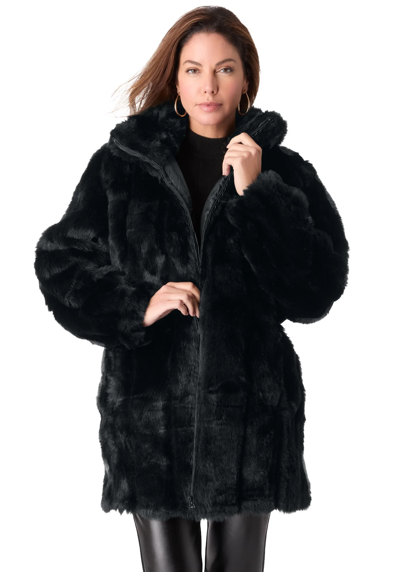 Roaman's Women's Plus Size Mid-Length Hooded Faux Fur Coat | Walmart (US)