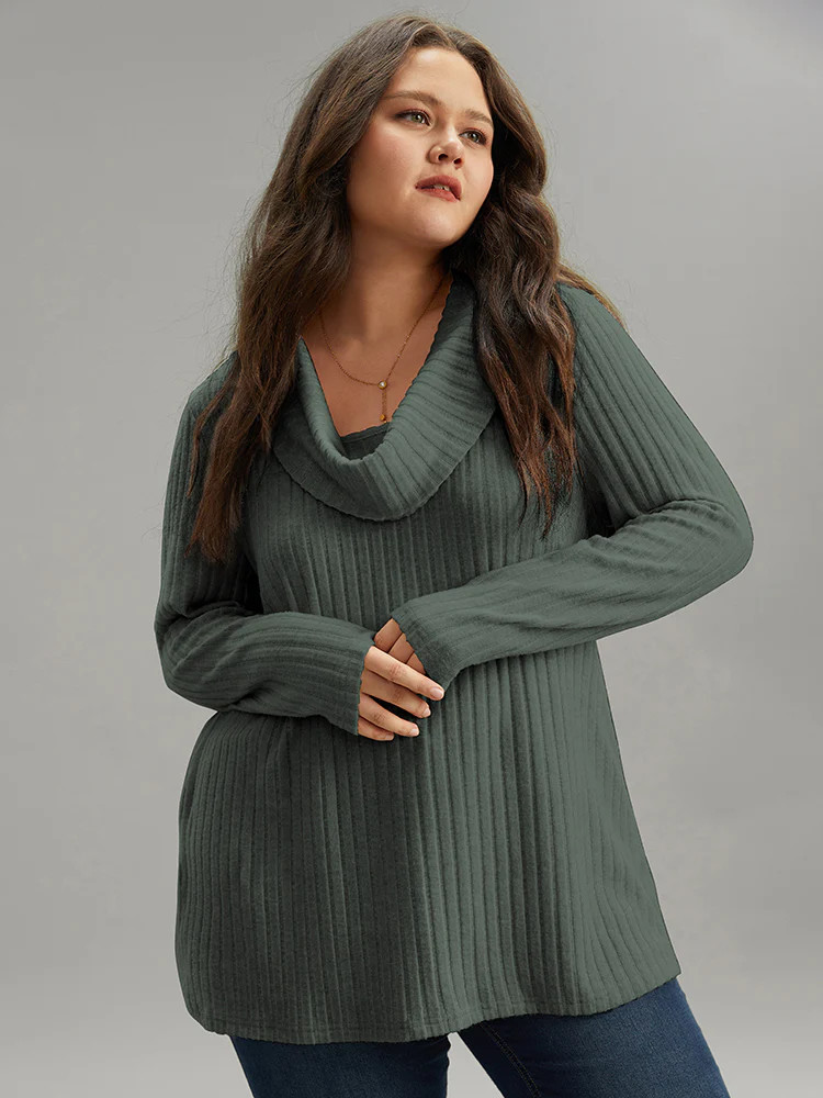 Plain Rib Knit Cowl Neck T-shirt | Bloomchic