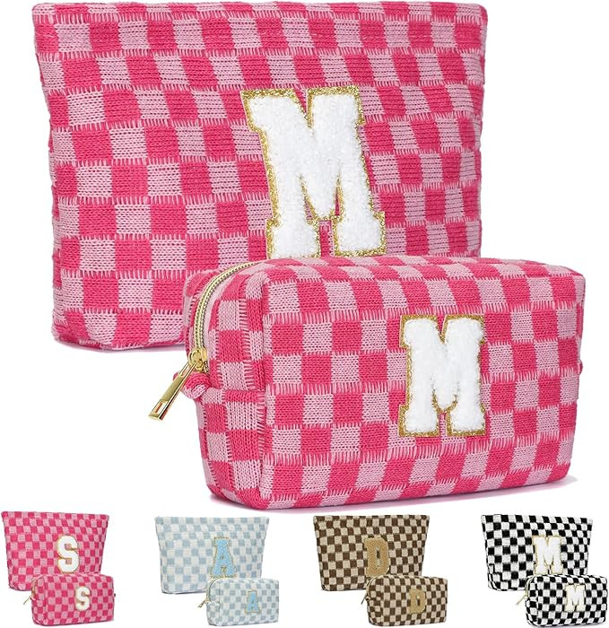 2PCS Checkered Makeup Bag for Women Personalized Initial Letter Makeup Bag Travel Toiletry Bag Or... | Amazon (US)