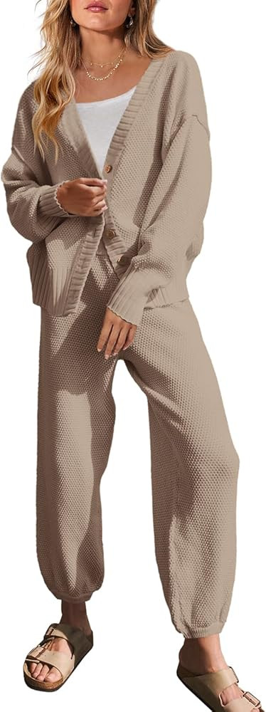 Yanekop Womens Two Piece Outfits V Neck Button Down Cardigan Sweater Sets Cozy Knit Loungewear Se... | Amazon (US)