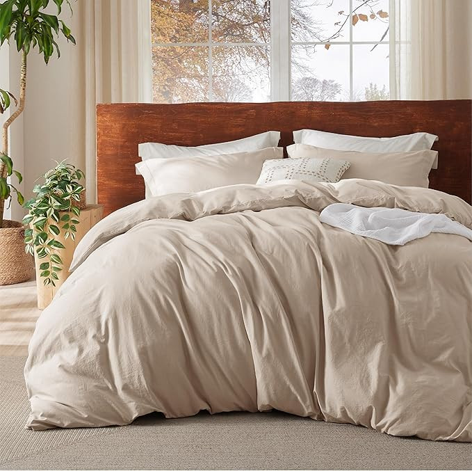Bedsure 100% Washed Cotton Duvet Cover King Size - Beige Minimalist Cotton Duvet Cover Set Linen ... | Amazon (US)