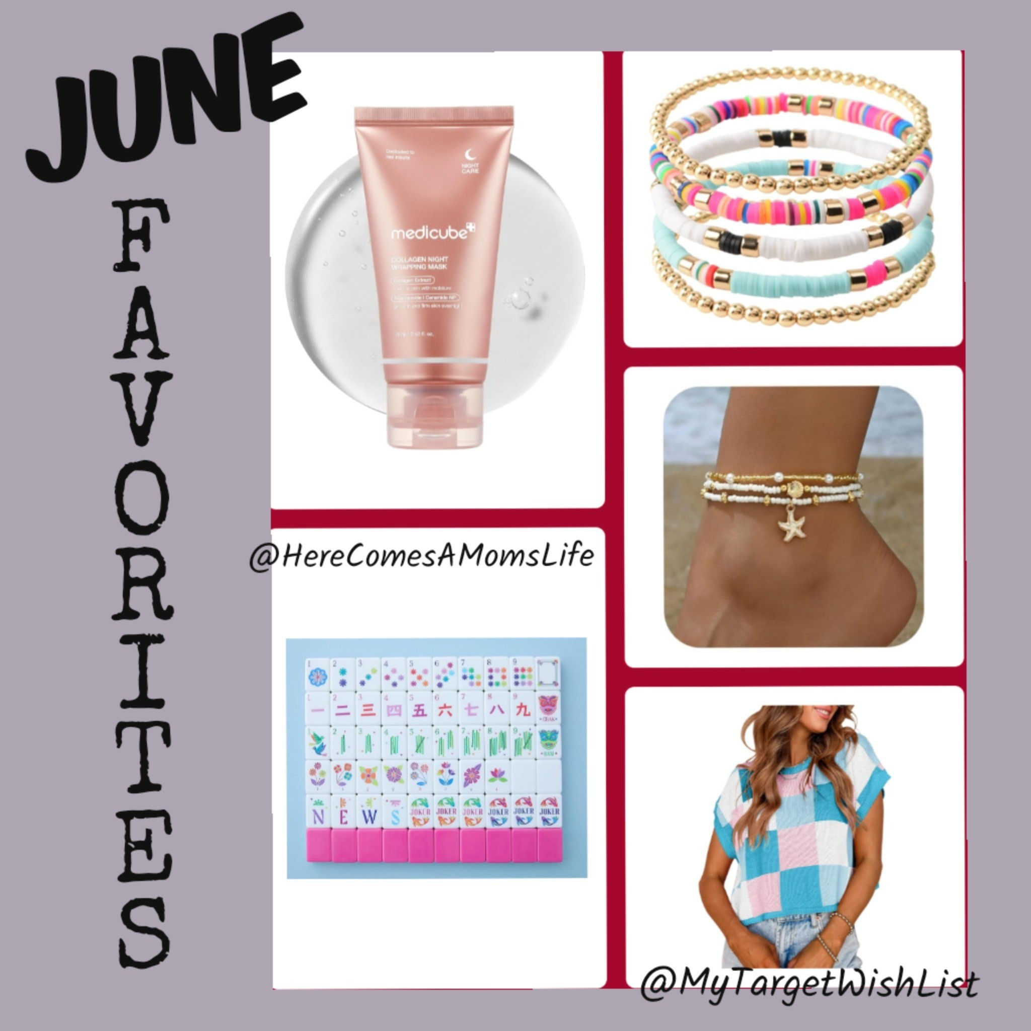 Just a few of my favorite finds from June and summertime.. everything from collagen face masks for skincare, mahjong games to play with the fam, fun beach bracelets and anklet jewlery,and a checkered print lightweight sweater that's perfect for work or a casual top too. 

#LTKBeauty #LTKSaleAlert #LTKStyleTip