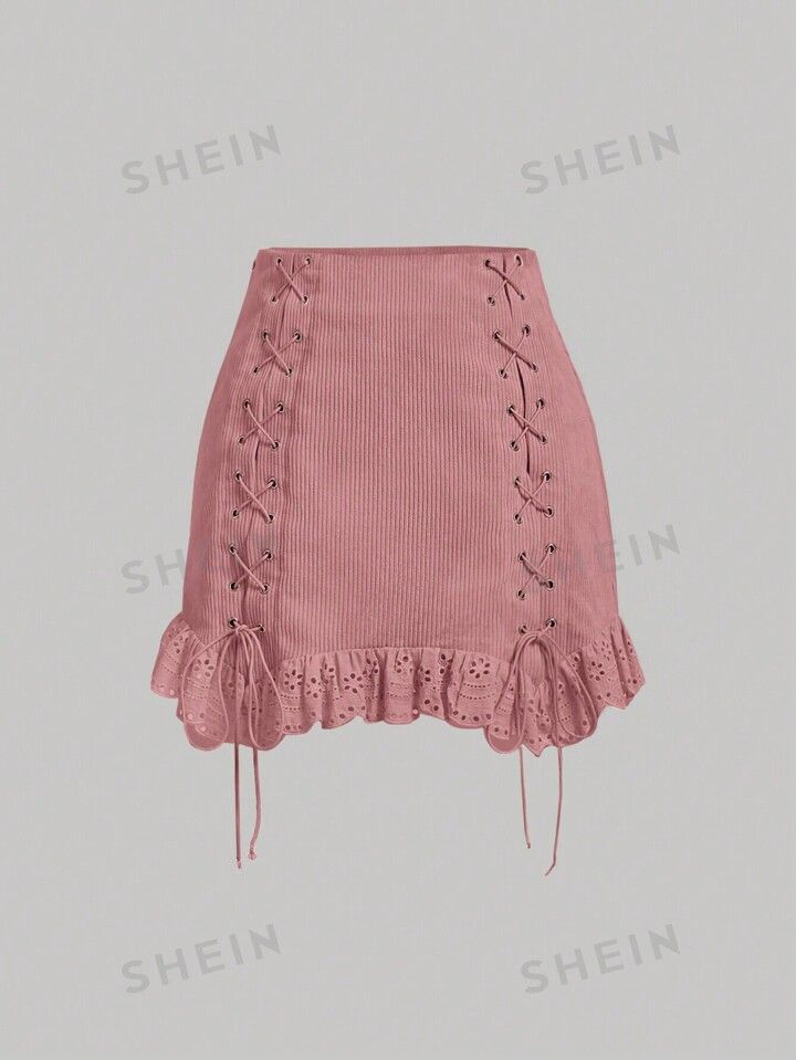 SHEIN MOD Grommet Eyelet Lace Up Front Ruffle Hem Skirt4.65(500+) | SHEIN