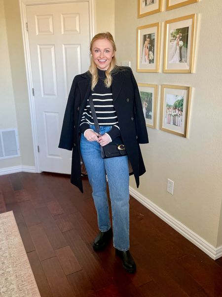 Sweater is old but I linked similar options! 00 in jacket, 26S in jeans | casual winter outfit, black coat, winter coat, straight denim, straight jeans, striped sweater, black and white sweater, Chelsea boots, black crossbody bag 

#LTKfindsunder50 #LTKstyletip #LTKSeasonal