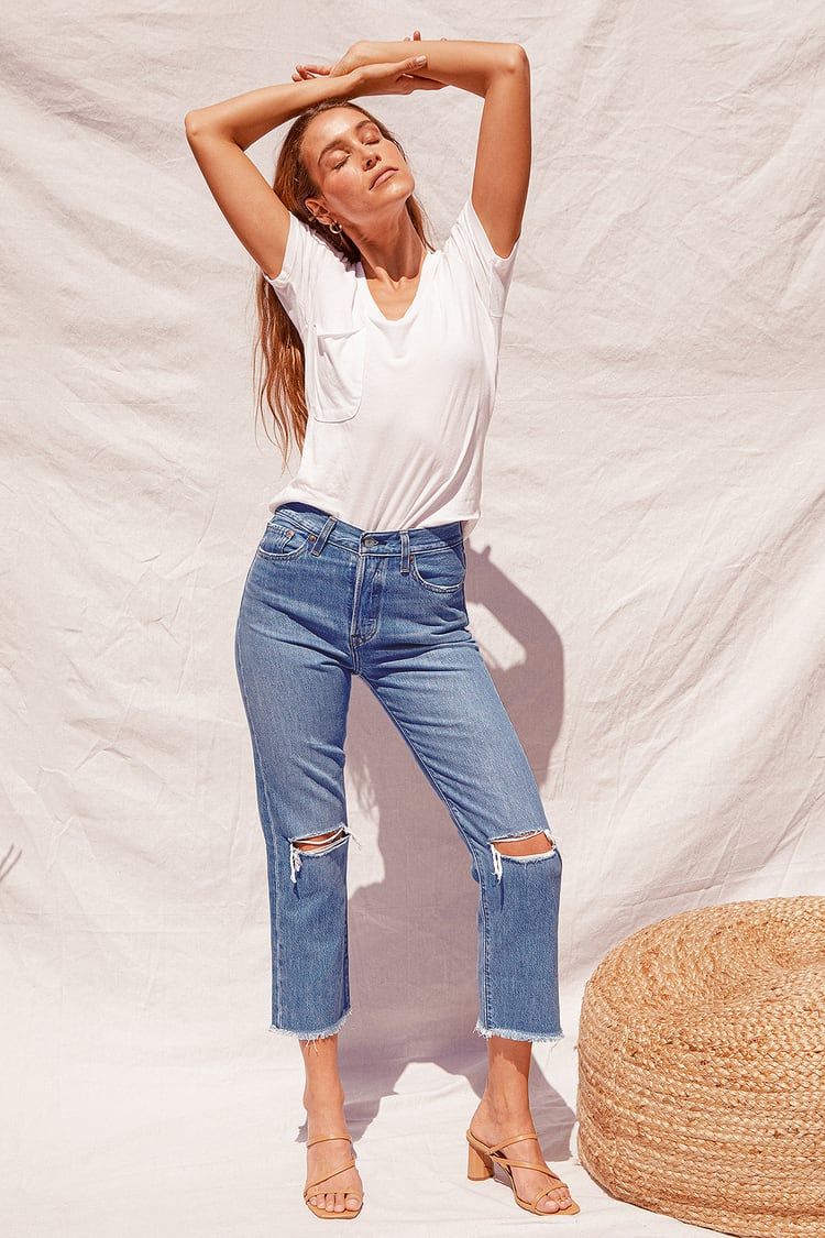Wedgie Straight Medium Wash Distressed High-Rise Cropped Jeans | Lulus (US)