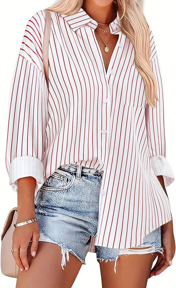 HOTOUCH Button Down Striped Shirts for Women Boyfriend Drop Shoulder Blouse Long Sleeve Oversized... | Amazon (US)