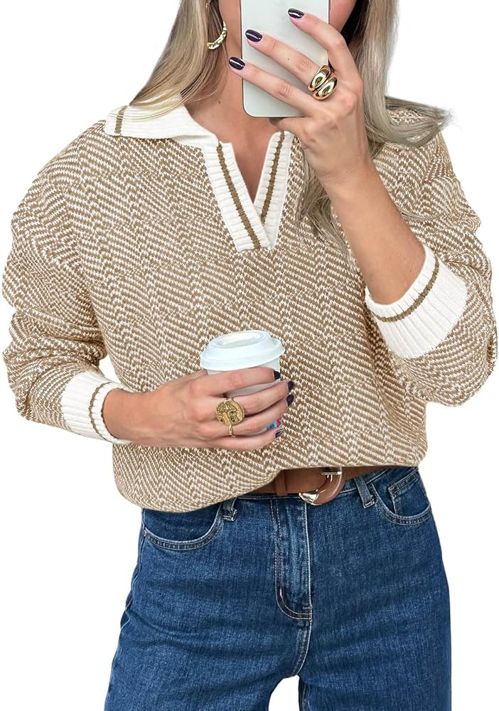Saodimallsu Womens Fall Sweaters Tops Lapel V Neck Knit Sweater Color Block Long Sleeve Casual So... | Amazon (US)