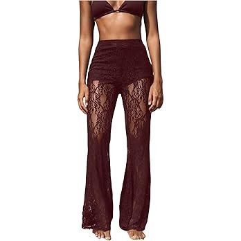 Women's Floral Lace Sheer Mesh Flare Pants Elastic High Waisted Long Trousers | Amazon (US)