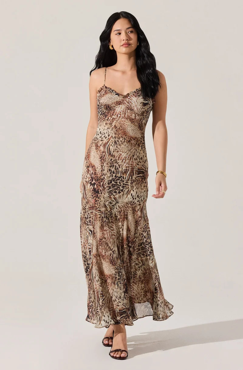 Maeryn Sweetheart Ruffle Maxi Dress - Taupe brown leopard / XS | ASTR The Label (US)