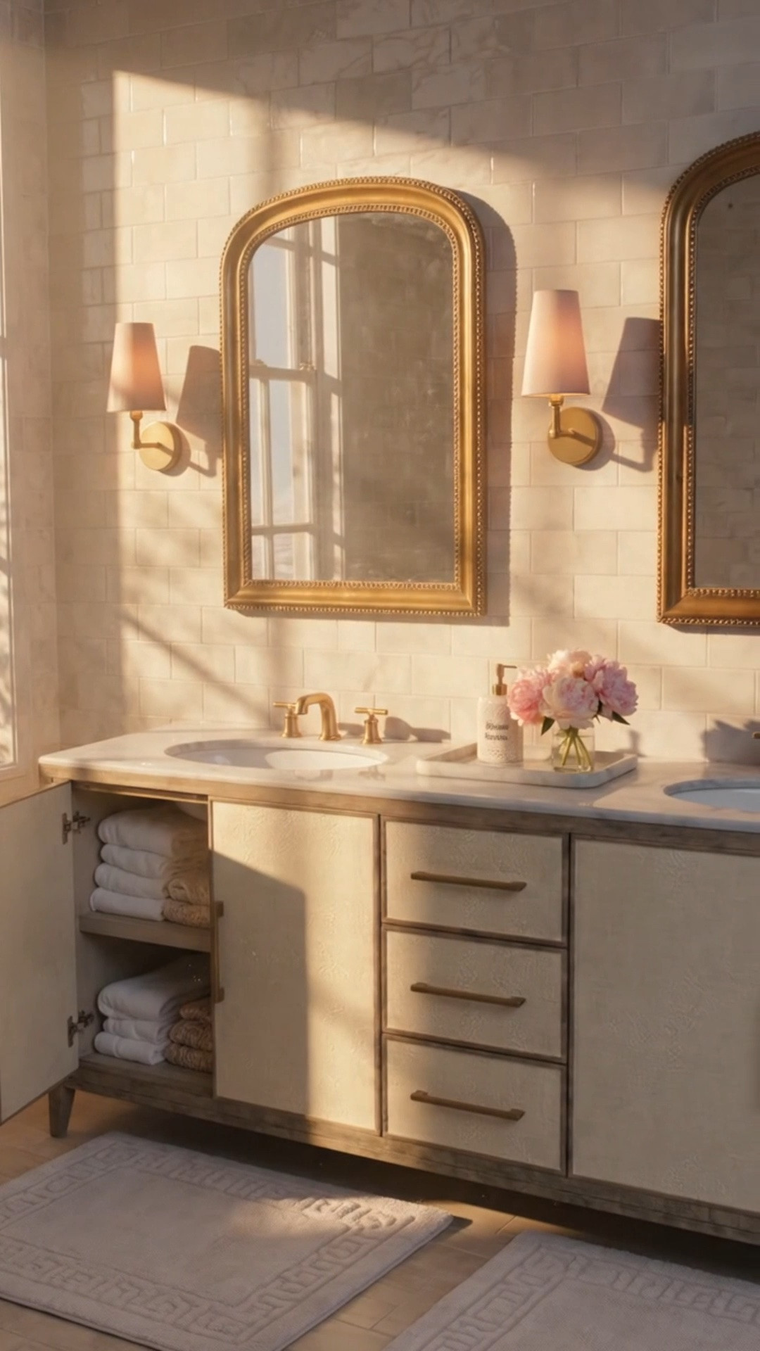 Master bath inspiration for the Labor Day weekend. ✨

I love how this space feels polished and timeless without becoming too formal. The Arhaus double vanity brings together warm wood tones, textural detailing, a Carrara marble top, and antique brass accents—giving the bath depth and character while still feeling refined. The generous double-sink design also adds the kind of storage and function that really matters in a primary bath.

Paired with arched brass bath mirrors, warm sconces, and soft morning light, the entire space has that relaxed, elevated hotel feeling I love for a master suite.

A great time to refresh the bath during the Labor Day Sale and invest in pieces that can completely elevate the room well beyond the season.

#MasterBath #PrimaryBathroom #BathroomDesign #DoubleVanity #BathVanity #BathroomMirror #CarraraMarble #BrassMirror #BathroomLighting #ModernClassic #TimelessInteriors #LuxuryBathroom #Arhaus #LaborDaySale #LTKHome #LTKSaleAlert #LTKdayinmylife

#LTKHome #LTKSaleAlert #LTKSeasonal
