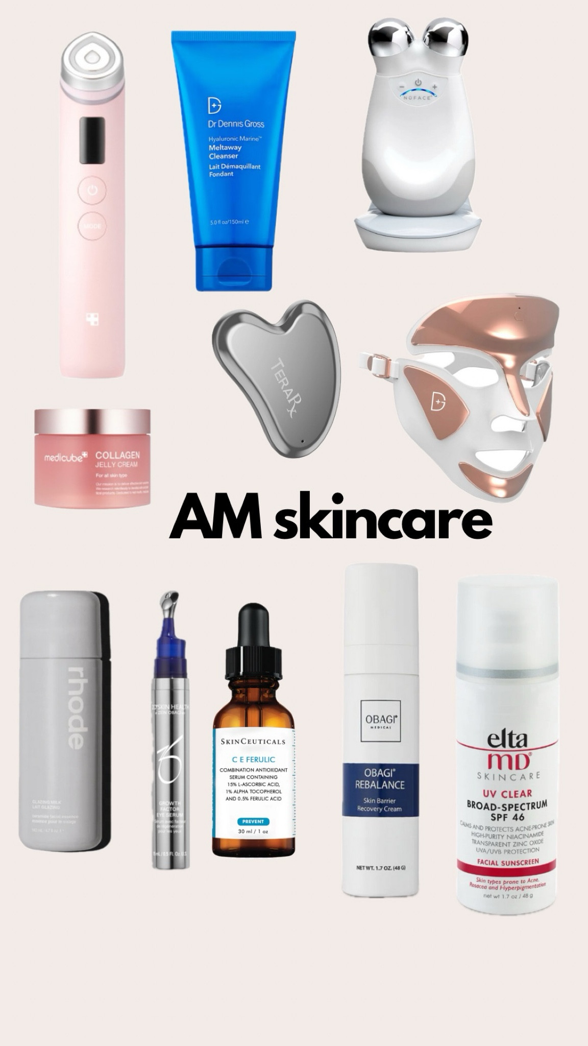 My morning routine in this order 
1. Nuface 
2. Dennis Gross Meltaway Cleanser + Gua Sha (in the shower)
3. Dr Dennis FaceWare (LED)
4. Rhode Glazing Milk
5. Skinceuticals Vitamin C
6. Zo Skin Health Eye Serum
7. Obagi Skin Barrier Cream 
8. Medicube Booster Mode
9. Medicube Dermashot and MC mode using the jelly collagen cream. (MC mode on days I don’t use the NuFace)
10. Elta MD Skincare 

#skincare #medicalgradeskin 