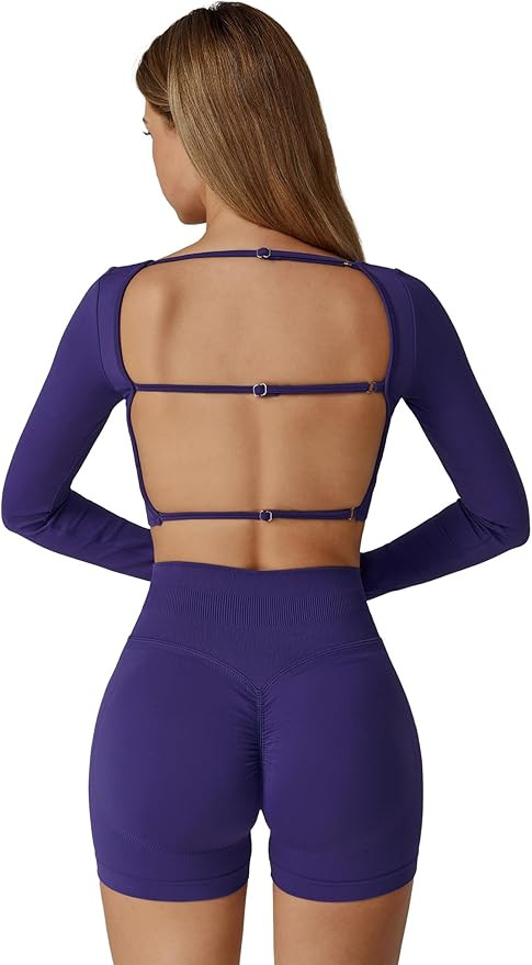 Workout Sets for Women 2 Piece Long Sleeve Backless Crop Top and High Waisted Shorts Gym Athletic... | Amazon (US)