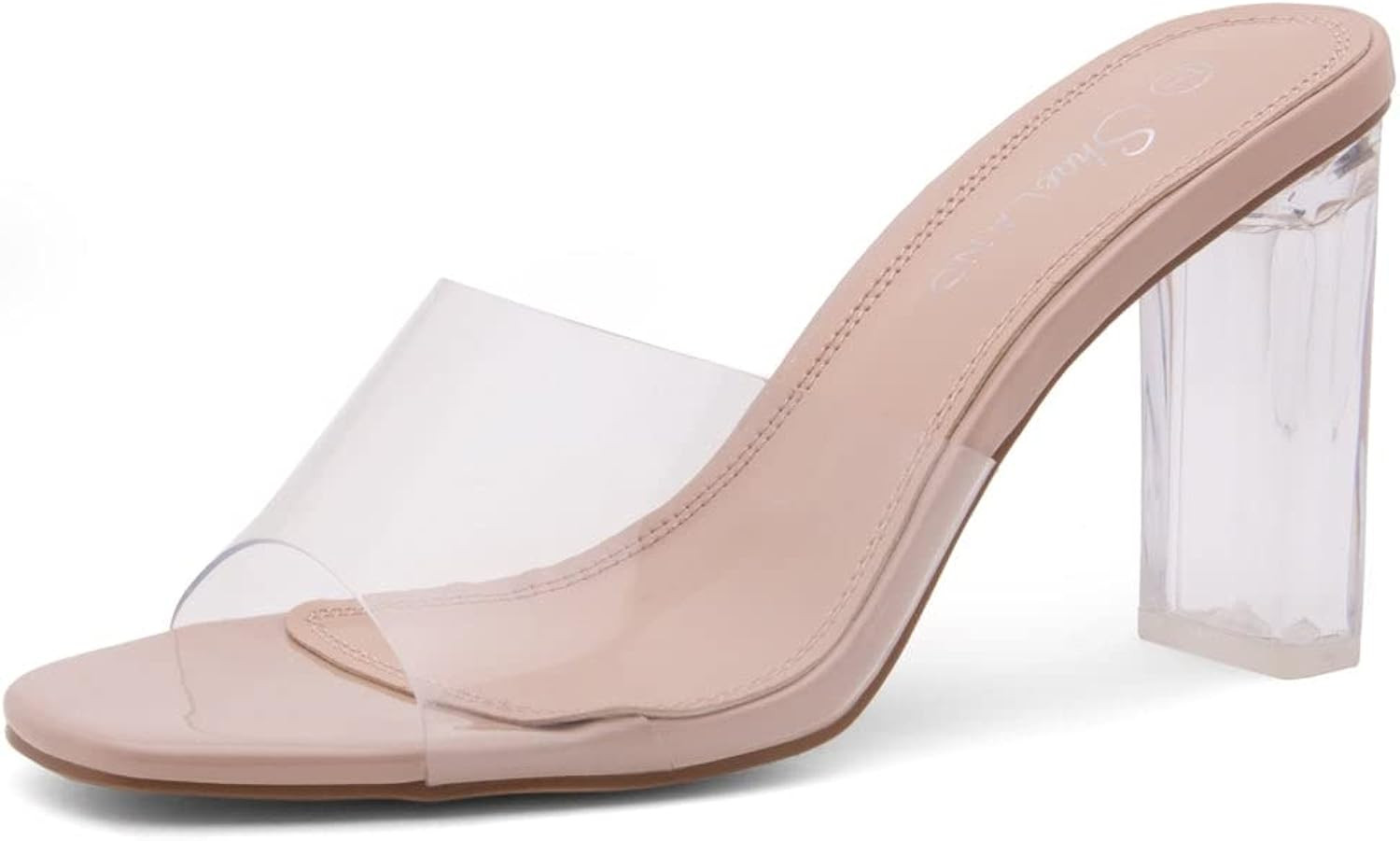 Shoe Land Brienna Women's Clear Block Heeled Slides Transparent Strap Dress High Heel Sandals | Amazon (US)