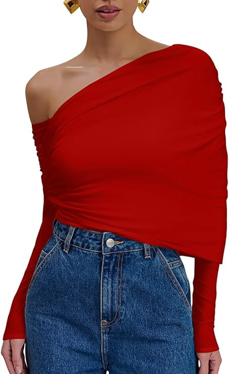 GOBLES Women's Elegant Off The Shoulder Long Sleeve Cape Office T-Shirts Ruched Pullover Shirts | Amazon (US)