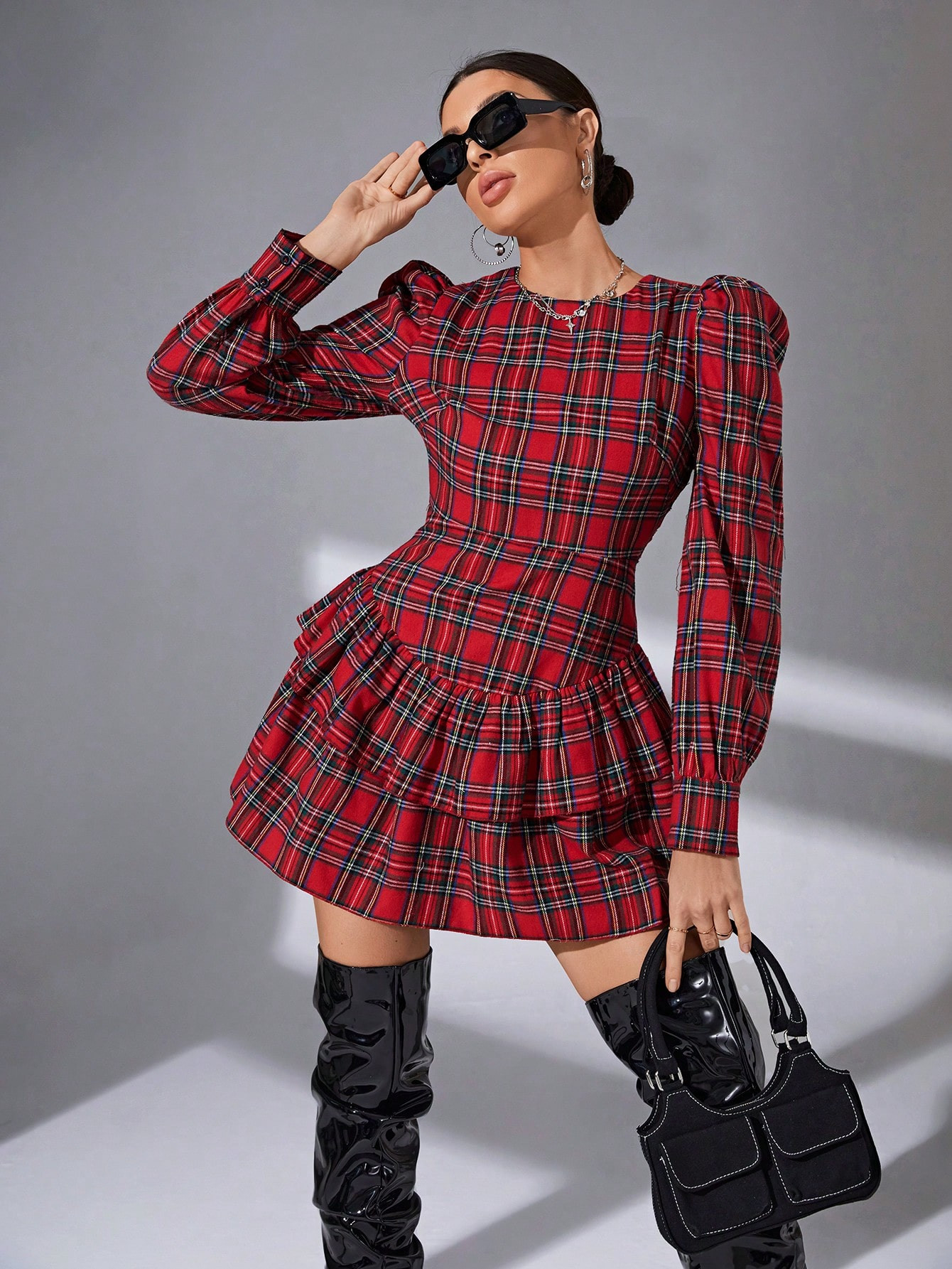 SHEIN Essnce Tartan Print Ruffle Hem Dress | SHEIN