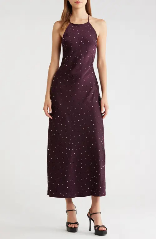 ASTR the Label Halley Rhinestone Open Back Satin Midi Dress in Deep Purple at Nordstrom, Size Small | Nordstrom