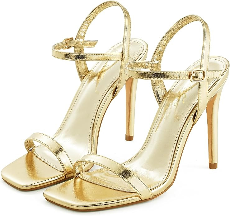 GENSHUO Women's Square Toe Strappy Stiletto Heels,4 Inch Open Toe Heel Sandals Ankle Strap Buckle... | Amazon (US)