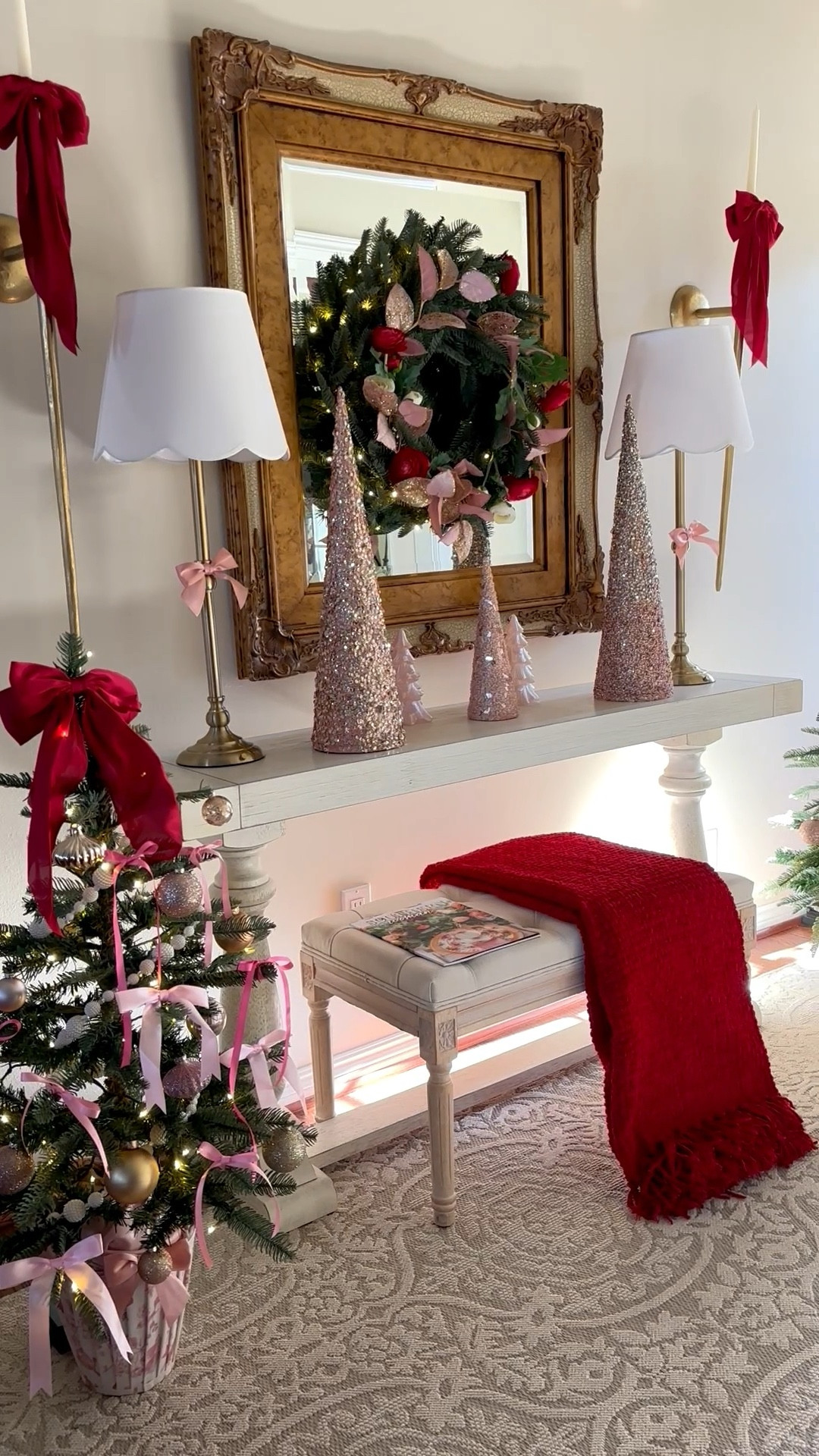 A very merry Pink + Red Christmas Foyer to welcome all your guests this holiday season 🎀🎄❤️

Foyer decor 
Pink bows 
Red bows 
Christmas ornaments 
Pink christmas 
Tufted bench 
Christmas decorating 
Console table 

#LTKHome #LTKStyleTip #LTKHoliday