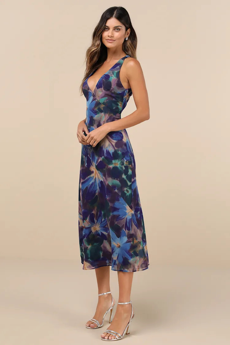 Delight in Elegance Navy Blue Multi Floral Halter Midi Dress | Lulus