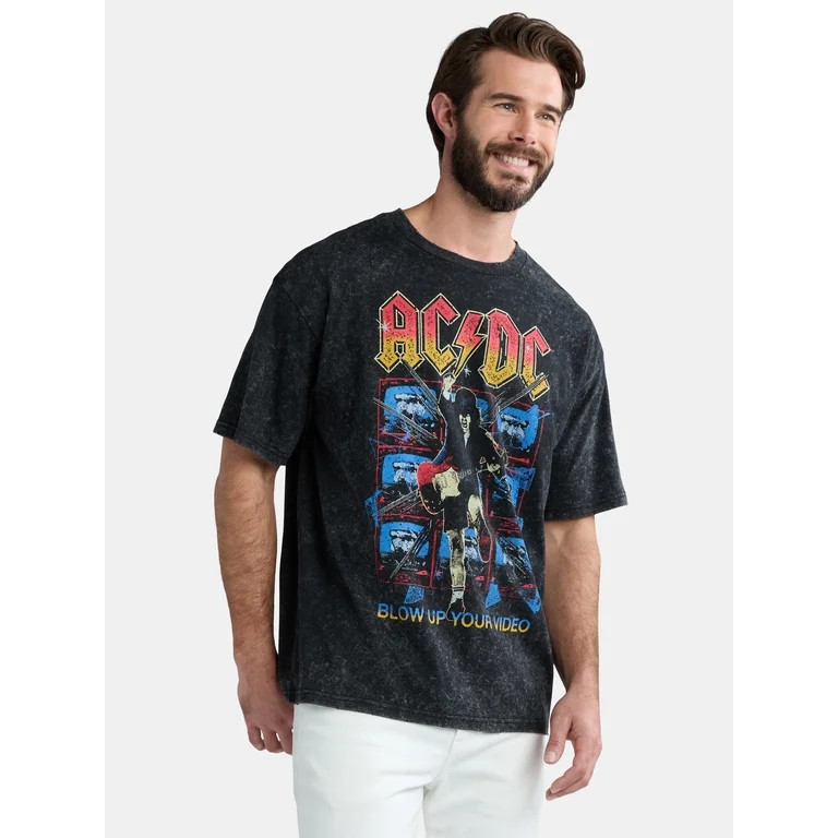 AC/DC Men's & Big Men's Mineral Wash Oversized Graphic Band Tee, Sizes XS-3XL | Walmart (US)