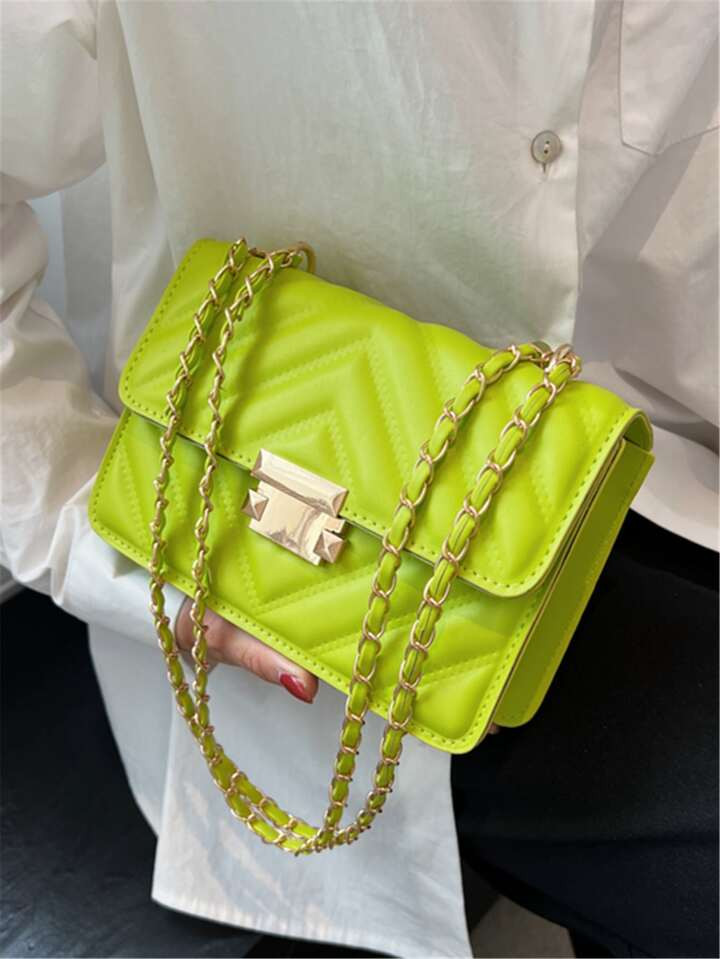 Mini Neon Lime Chevron Detail Flap Chain Square Bag Chevron Quilted Crossbody Bag, Trendy Mini Ch... | SHEIN
