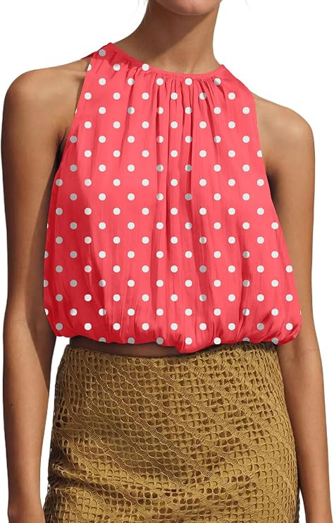 Womens Summer Halter Tops Cute Sleeveless Crewneck Puffy Hem Bubble Crop Tank Top Casual Dressy G... | Amazon (US)