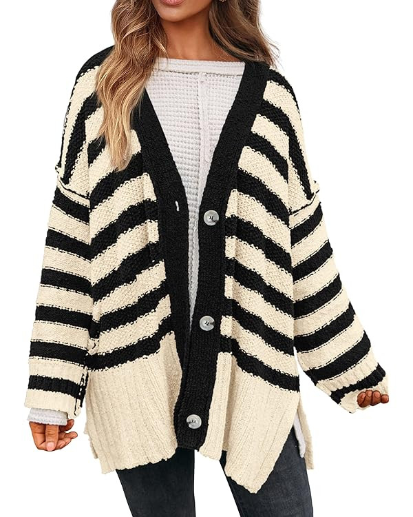 PRETTYGARDEN Women's Winter Striped Cardigan Sweaters Long Sleeve Button Down Open Front Chunky K... | Amazon (US)
