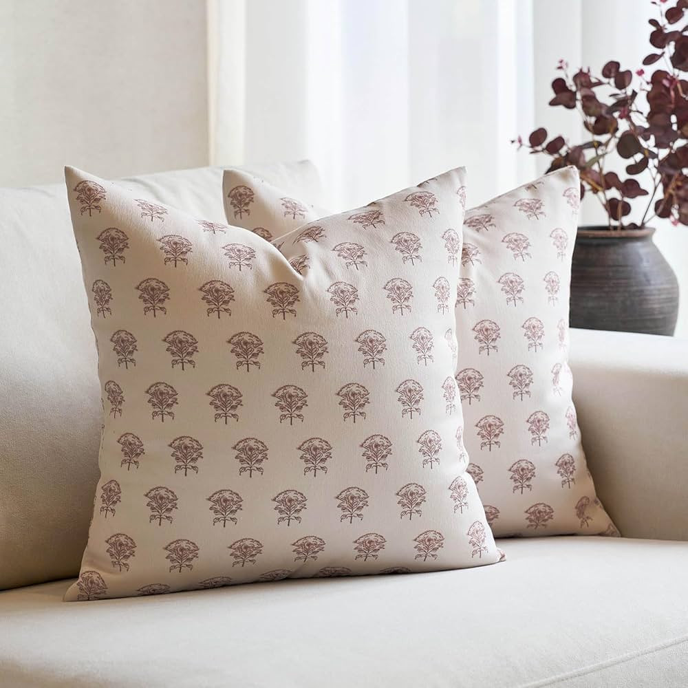 Amor Virisso Set of 2 Floral Block Print Pillow Covers 18x18 Inch, Vintage Flower Decorative Thro... | Amazon (US)