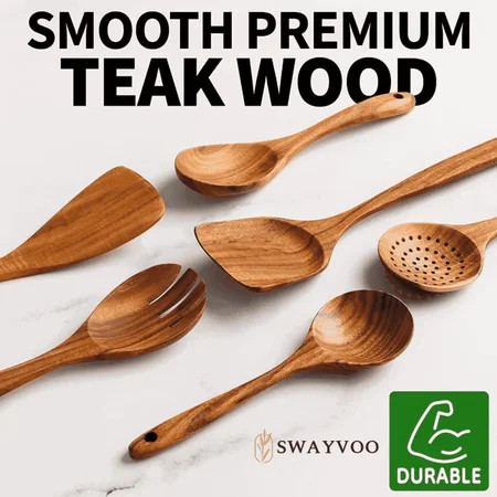 Swayvoo Wooden Spoons for Cooking, 6-Piece 100% Natural Teak Wooden Utensils for Cooking — Heat Resistant, Non-Stick Safe, Wood Kitchen Utensil Set with Holder | Walmart (US)