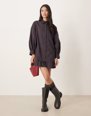 ASOS DESIGN long sleeve ruffle hem mini shirt dress in chocolate and navy check | ASOS | ASOS (Global)