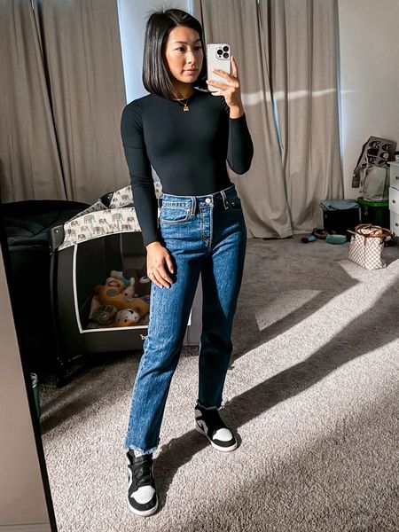 Black bodysuit- most brands I wear size XS

Abercrombie- 90s straight leg in 24short, I like the ankle version also, same size! 

Levi’s jeans- size 24, 28 lengthh

Nike Jordan 1 mids- wear 5 or 5.5, most fit TTS

#LTKsalealert #LTKshoecrush #LTKfindsunder50