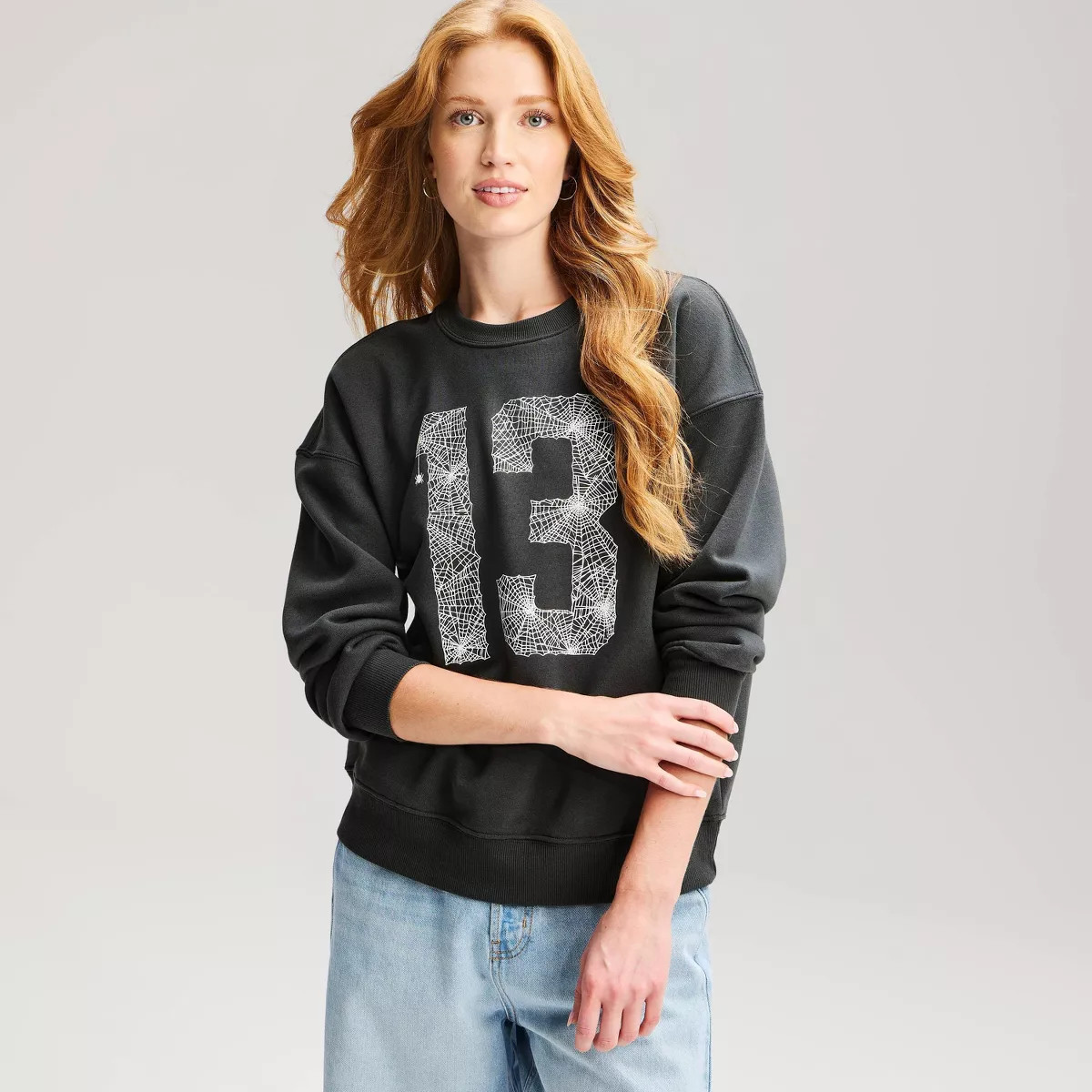 Women's 13 Spiderweb Fleece Crewneck Graphic Pullover Sweatshirt - Charcoal Gray L | Target