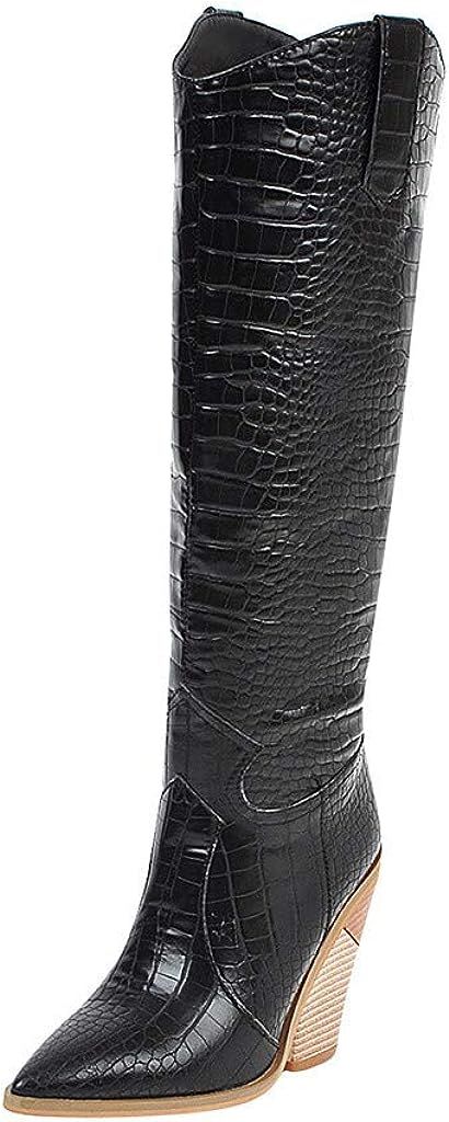 HENWERD Women's Chunky Heel Knee High Boots Comfortable Pointed Toe Western Cowboy Boots | Amazon (US)