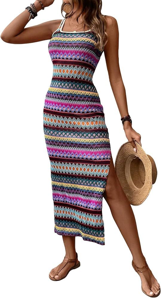 COZYEASE Women's Summer Dress Geometric Boho Split Side Square Neck Tank Dress Casual Long Beach ... | Amazon (US)