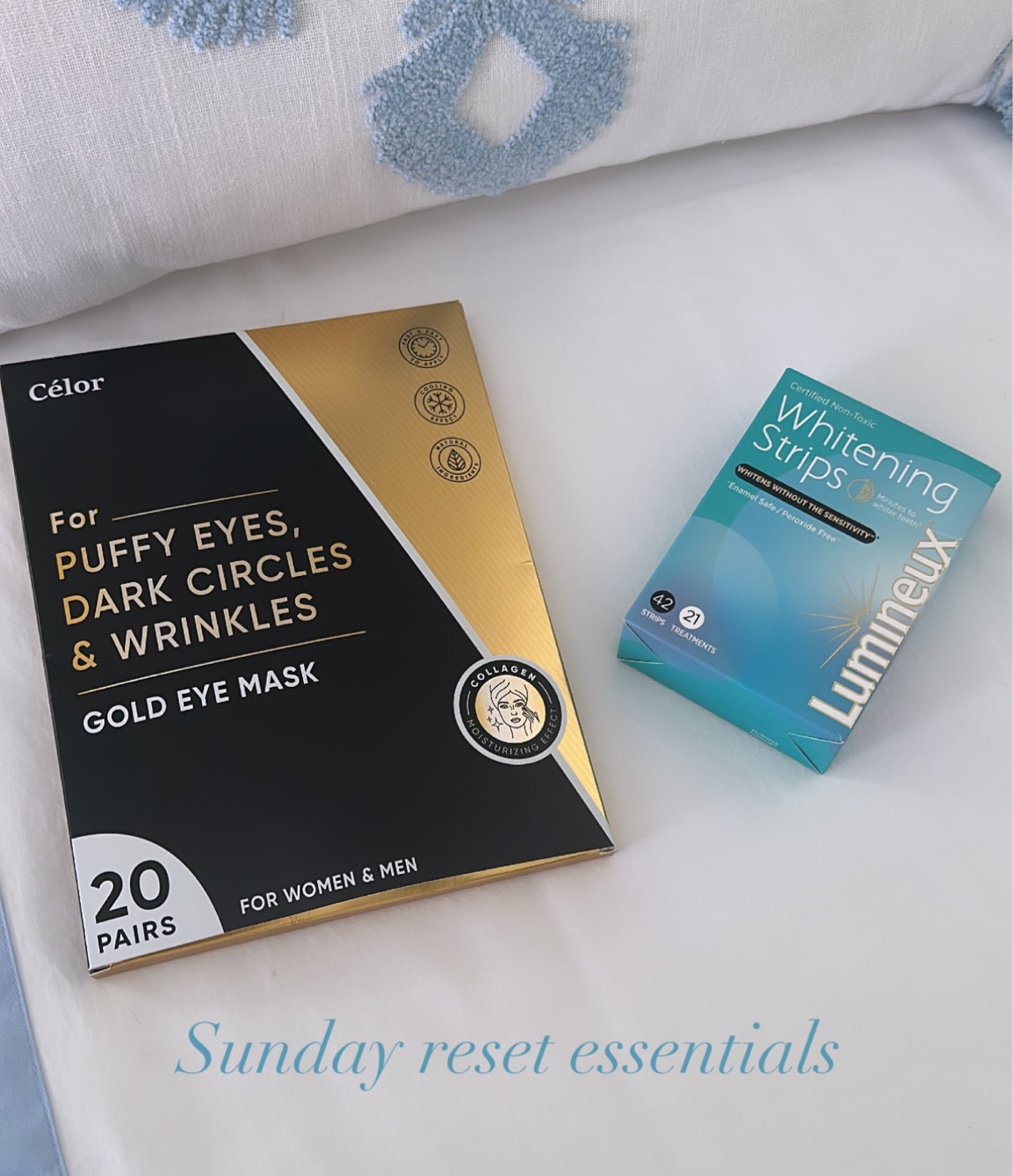 Sunday reset essentials - gold under eye patches & teeth whitening strips 

#LTKunder50 #LTKFind #LTKbeauty